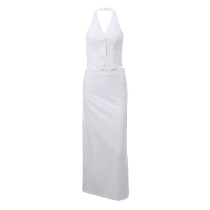 Halter v neck button knotted maxi skirt set