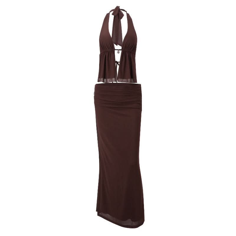 Halter self tie ruched mesh maxi skirt set
