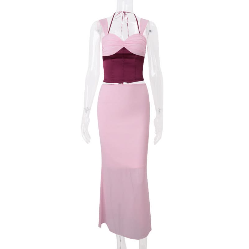 Halter corset lace up slit maxi skirt set