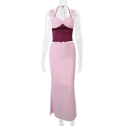 Halter corset lace up slit maxi skirt set