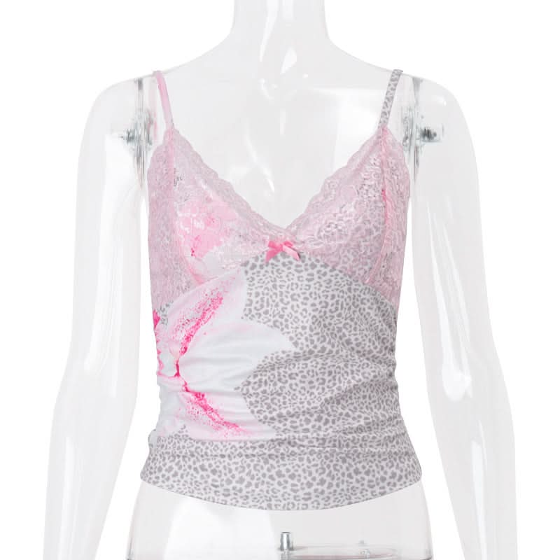 Flower print v neck lace hem bowknot cami top