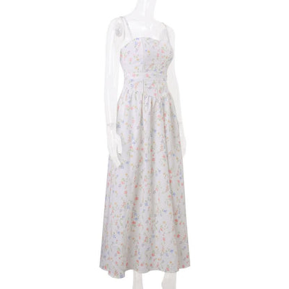 Flower print ruched zip-up cami maxi dress