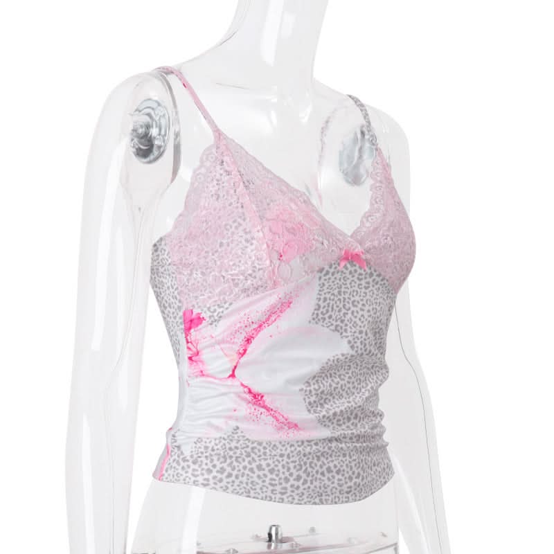 Flower print v neck lace hem bowknot cami top