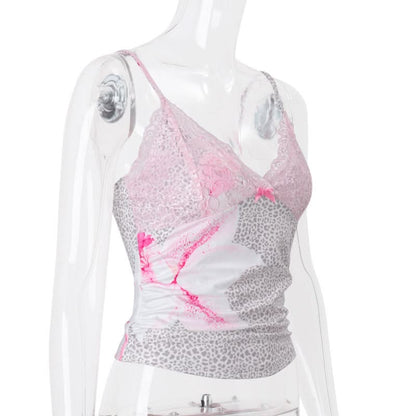 Flower print v neck lace hem bowknot cami top