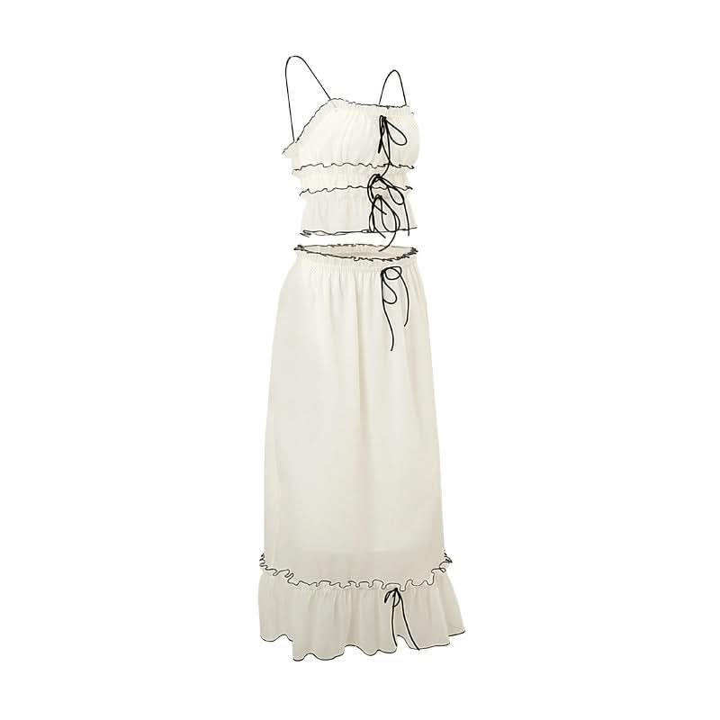 Ruffle stitch smocked bowknot cami maxi skirt set