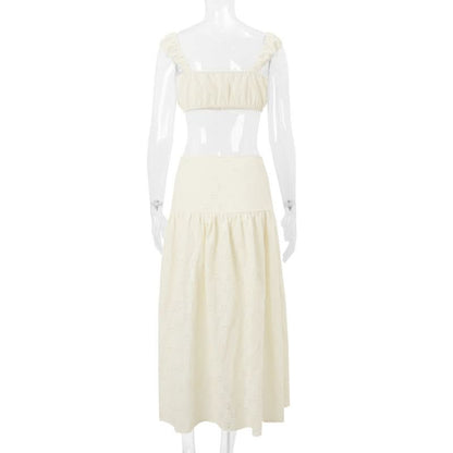 Square neck button slit crop maxi skirt