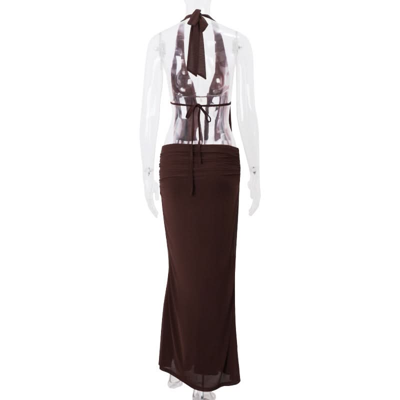 Halter self tie ruched mesh maxi skirt set