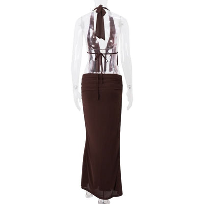Halter self tie ruched mesh maxi skirt set
