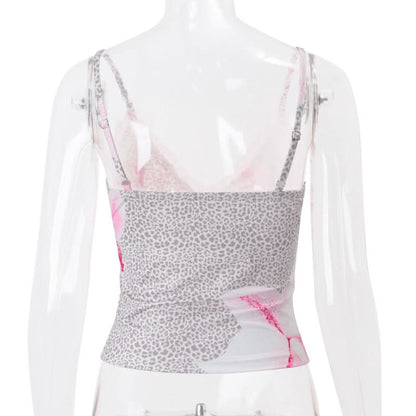 Flower print v neck lace hem bowknot cami top