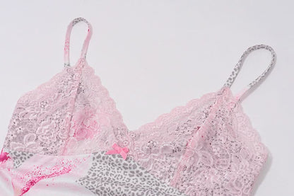 Flower print v neck lace hem bowknot cami top