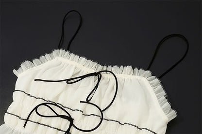 Ruffle stitch smocked bowknot cami maxi skirt set