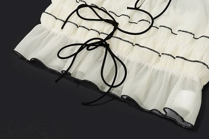 Ruffle stitch smocked bowknot cami maxi skirt set