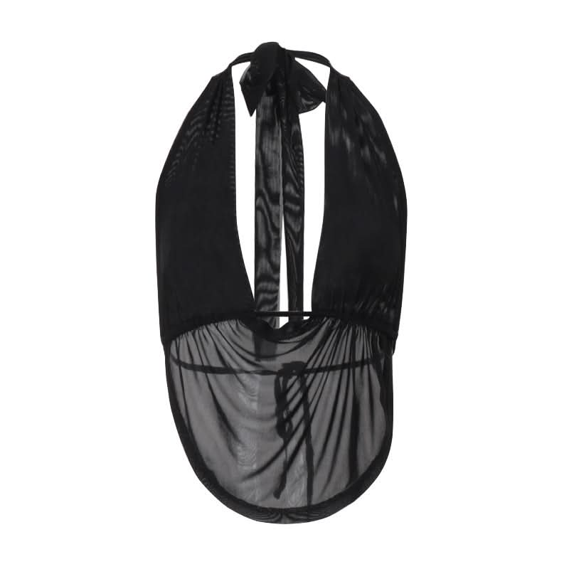 Halter backless mesh self tie crop top