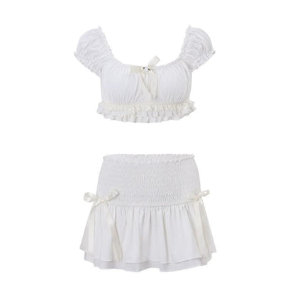 Puff sleeve bowknot smocked ruched mini skirt set