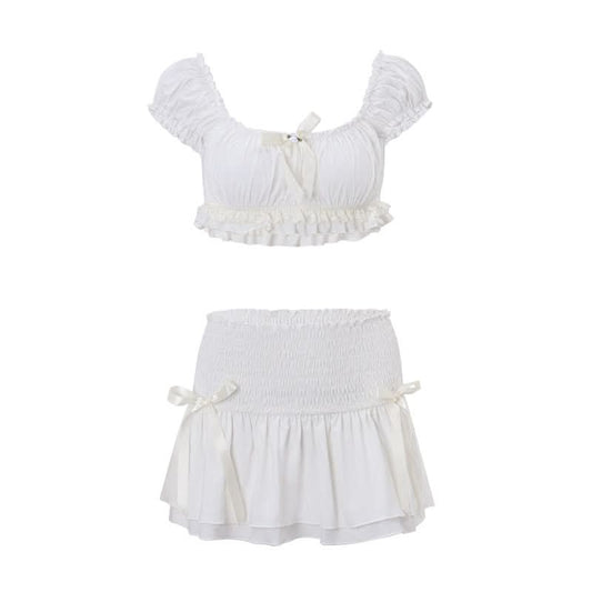Puff sleeve bowknot smocked ruched mini skirt set