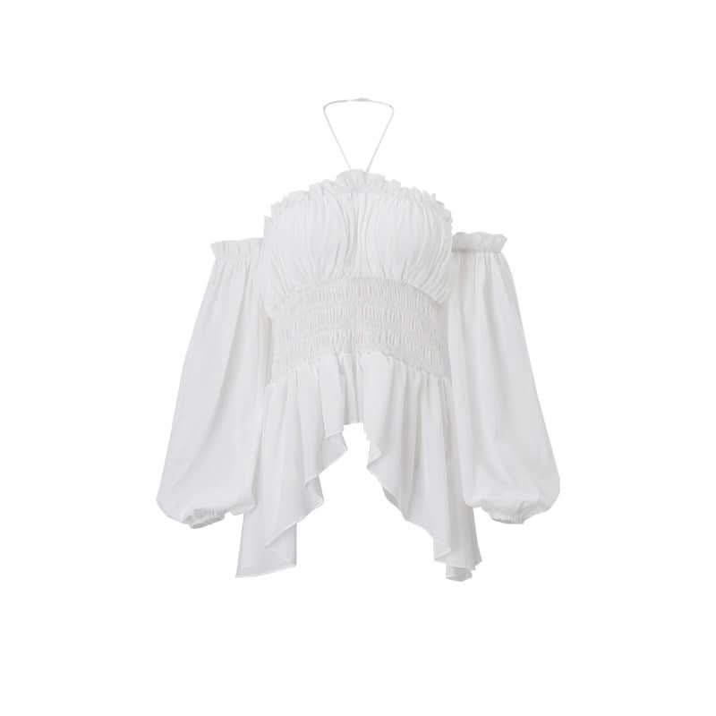 Halter off shoulder ruched smocked ruffle top