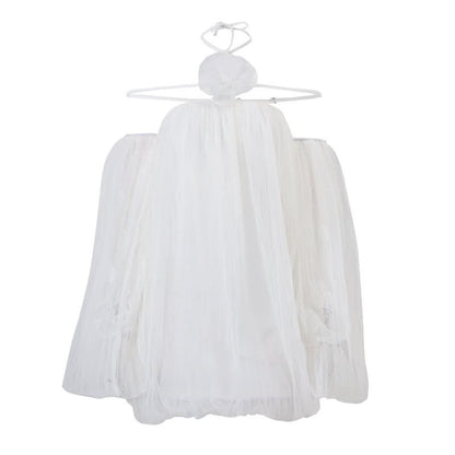 Off shoulder halter mesh flower applique mini dress