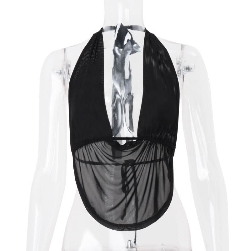 Halter backless mesh self tie crop top