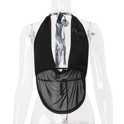 Halter backless mesh self tie crop top