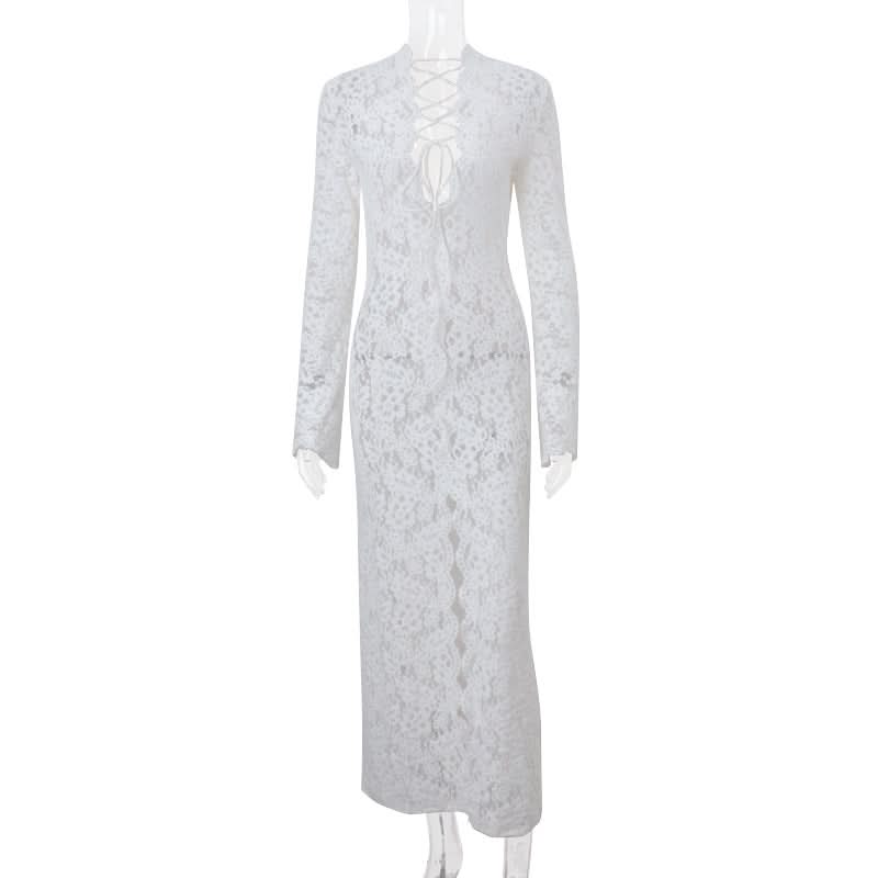 Lace long sleeve slit lace up maxi dress