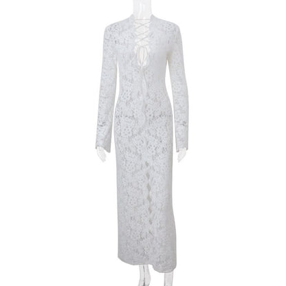 Lace long sleeve slit lace up maxi dress