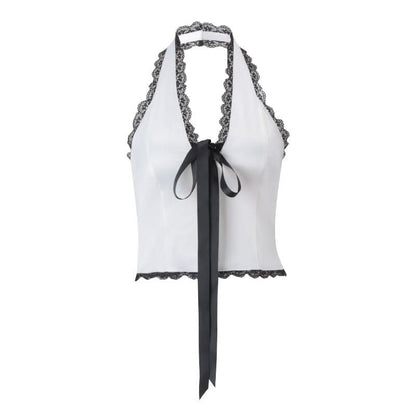 Halter lace hem bowknot backless top