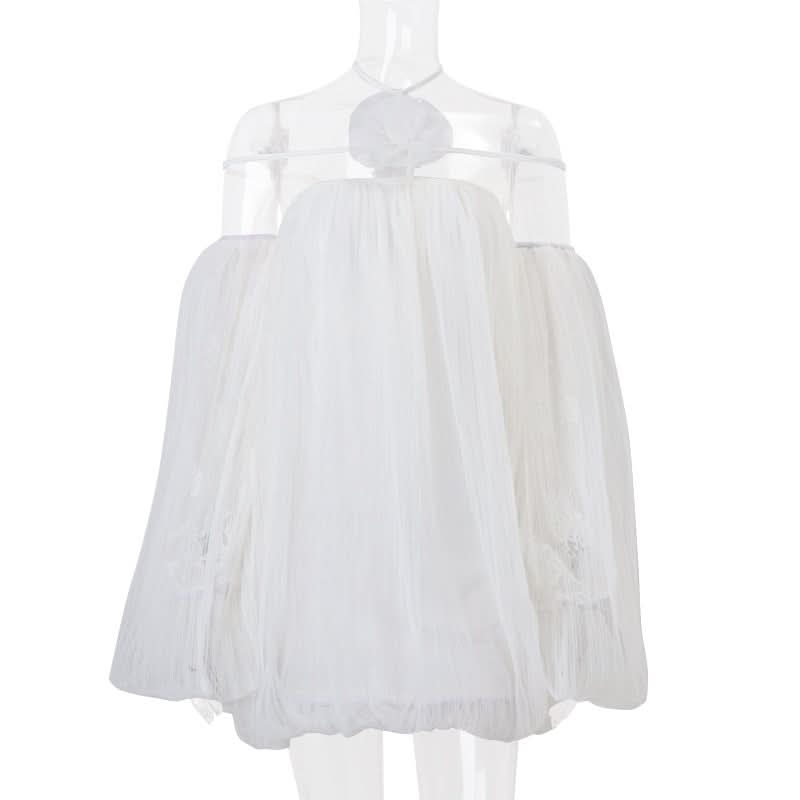 Off shoulder halter mesh flower applique mini dress