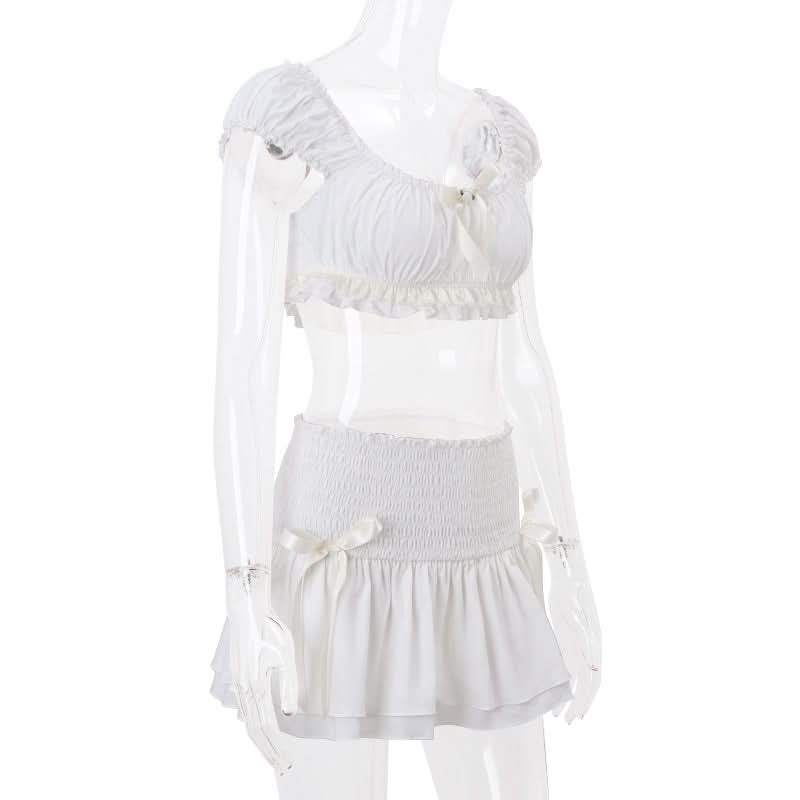 Puff sleeve bowknot smocked ruched mini skirt set