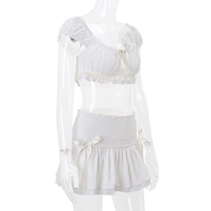 Puff sleeve bowknot smocked ruched mini skirt set