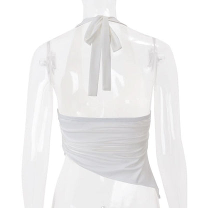 Halter self tie ruched backless top