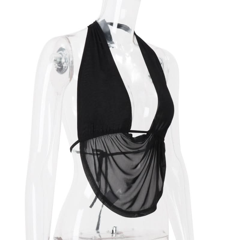 Halter backless mesh self tie crop top