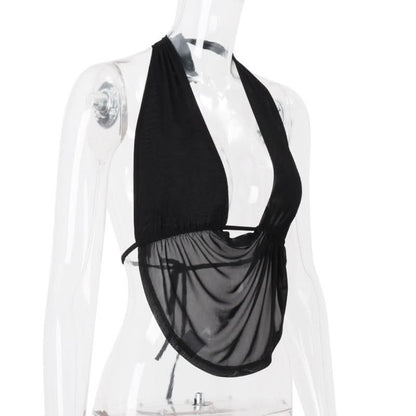 Halter backless mesh self tie crop top