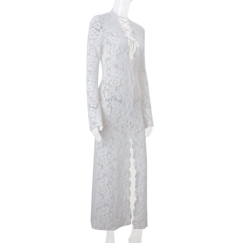 Lace long sleeve slit lace up maxi dress