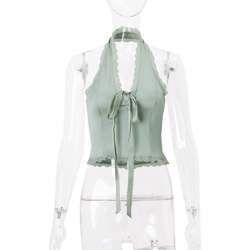 Halter lace hem bowknot backless top