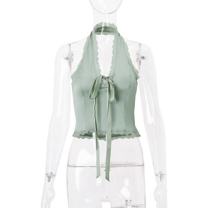 Halter lace hem bowknot backless top