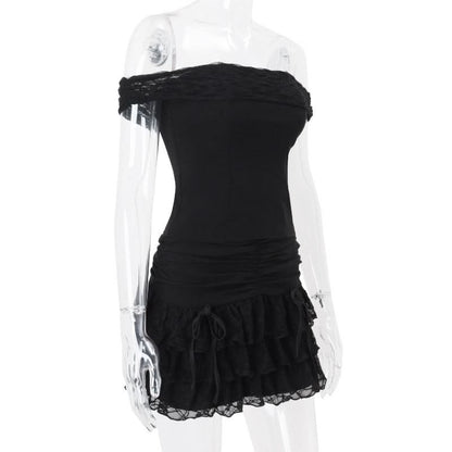 Off shoulder bowknot ruffle ruched mini skirt set