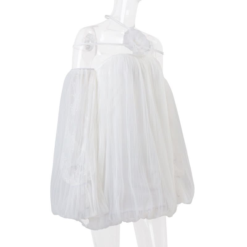 Off shoulder halter mesh flower applique mini dress