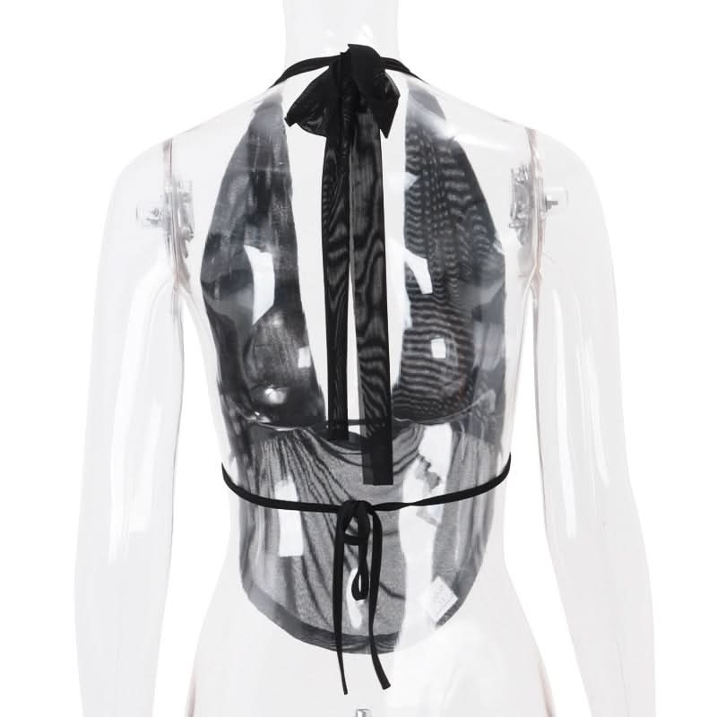 Halter backless mesh self tie crop top