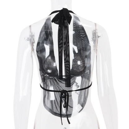 Halter backless mesh self tie crop top