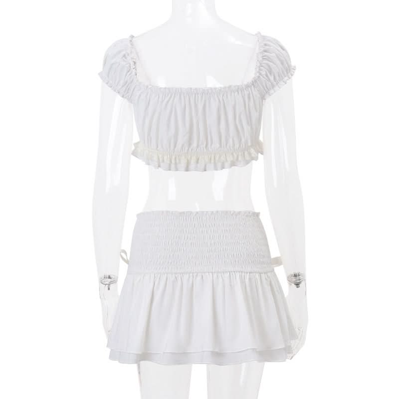 Puff sleeve bowknot smocked ruched mini skirt set