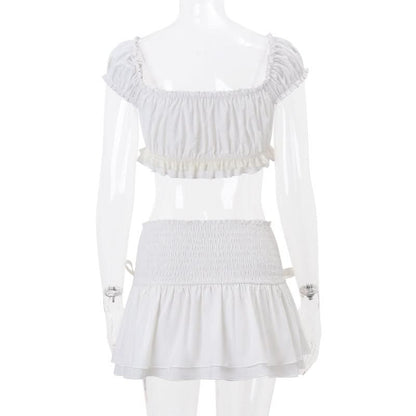 Puff sleeve bowknot smocked ruched mini skirt set