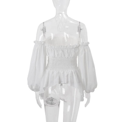 Halter off shoulder ruched smocked ruffle top