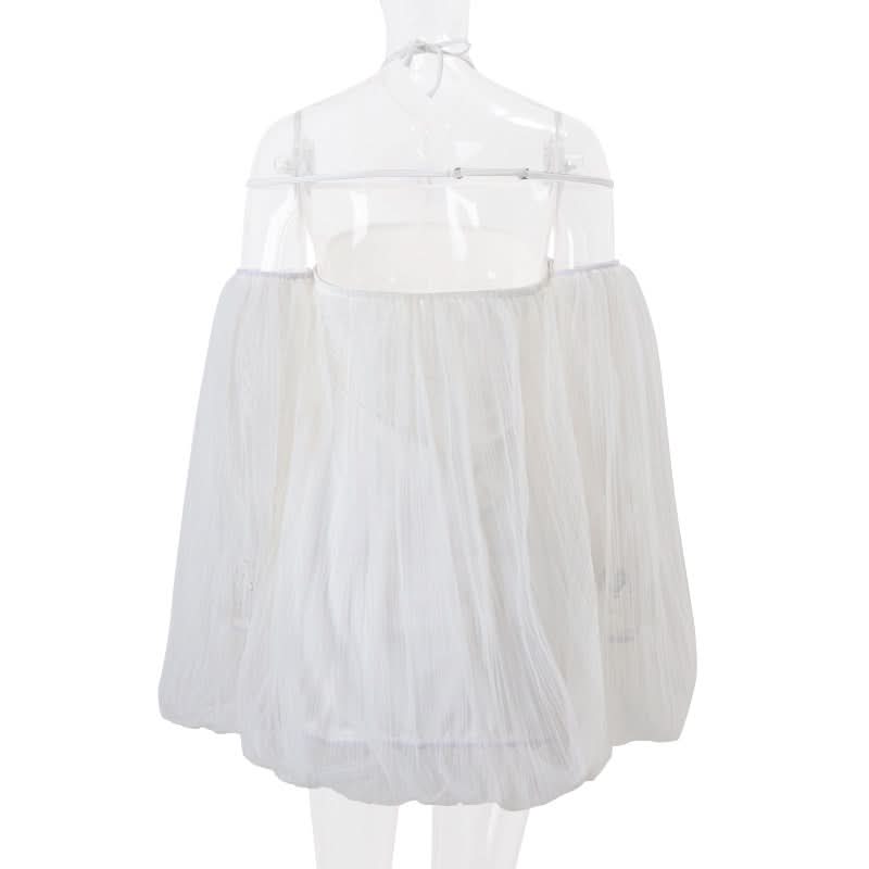 Off shoulder halter mesh flower applique mini dress