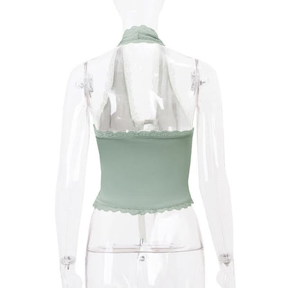Halter lace hem bowknot backless top