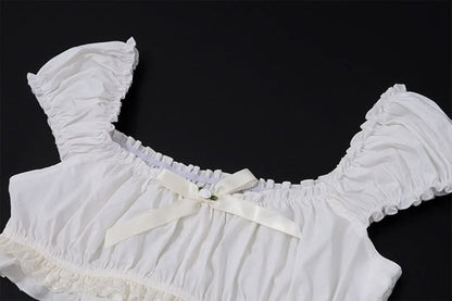 Puff sleeve bowknot smocked ruched mini skirt set