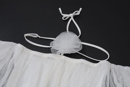 Off shoulder halter mesh flower applique mini dress