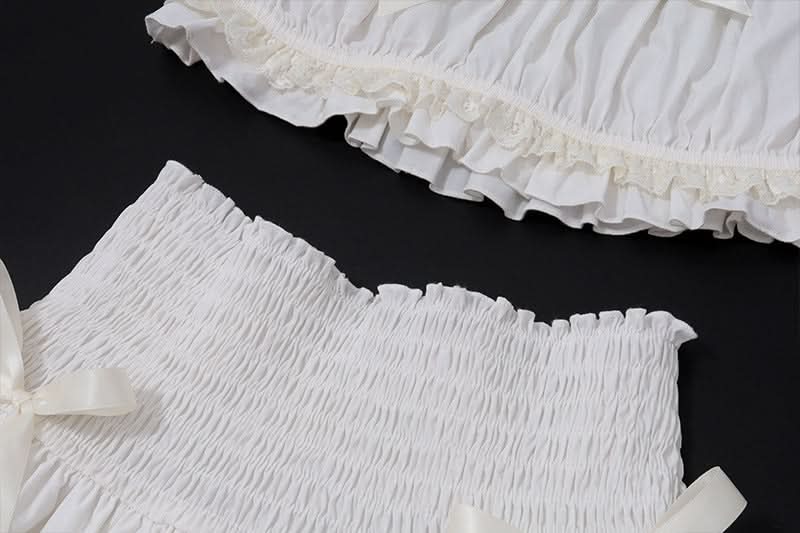 Puff sleeve bowknot smocked ruched mini skirt set