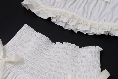 Puff sleeve bowknot smocked ruched mini skirt set