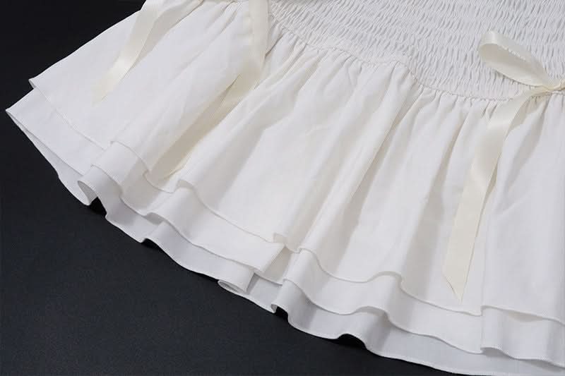 Puff sleeve bowknot smocked ruched mini skirt set