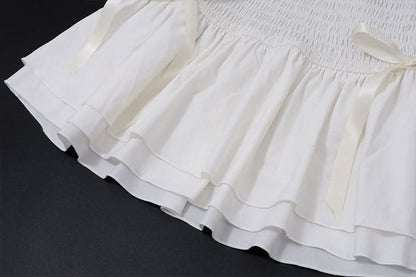 Puff sleeve bowknot smocked ruched mini skirt set